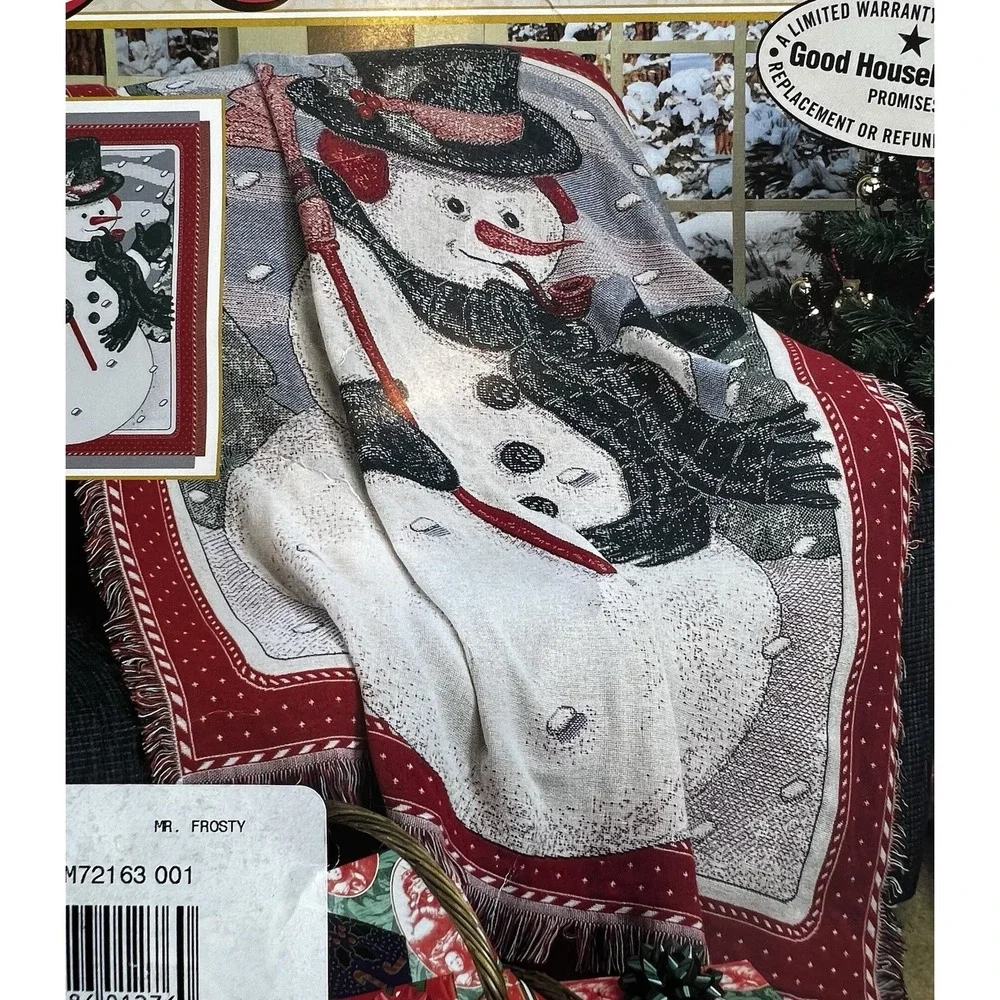 Vintage Tapestry Throw Blanket Triple Woven Holiday Christmas Snowmen‎ 50x60
